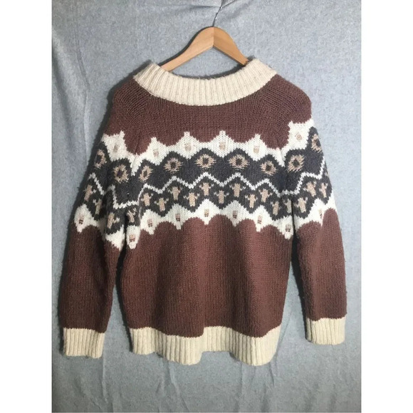 Womens Aerie Wool Blend Sweater Fair Isle Grandma Grandpa Thick Minimalist Earth - Picture 7 of 7